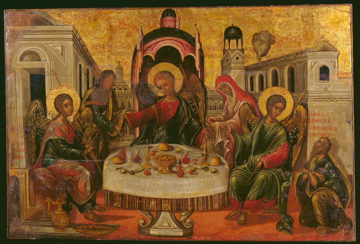 The Hospitality of Abraham and Sarah (äggtempera på panel) av Cretan School