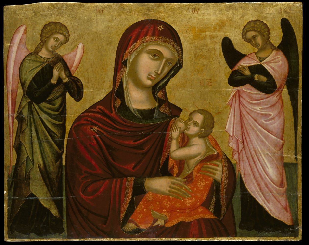 Icon of the Virgin Lactans med två änglar (äggtempera på panelen) av Cretan School
