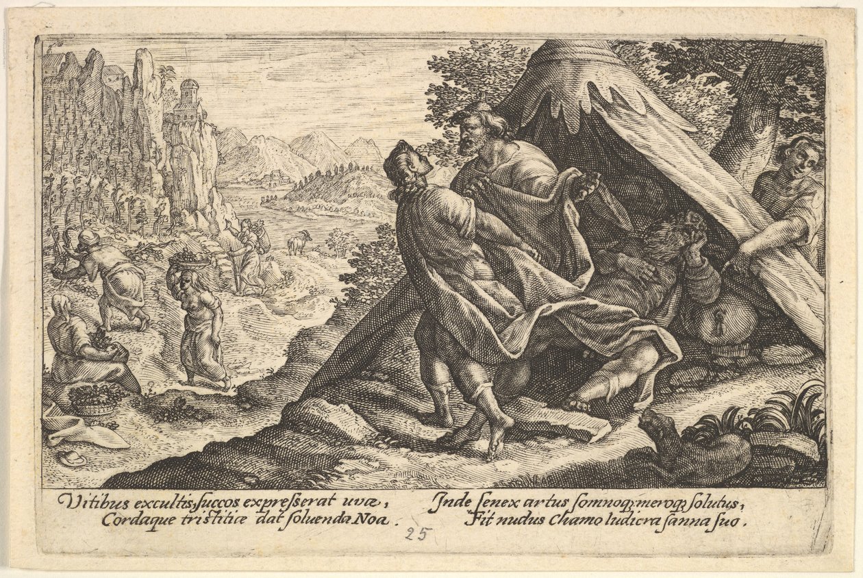 Noas fylleri: Sem och Jafet täcker Noas nakna kropp, som ligger i ett tält, en ..., 1612. av Crispijn de Passe I