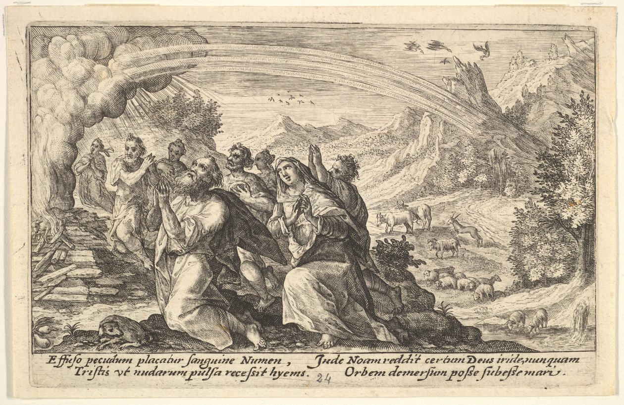 Gud ingår ett förbund med Noa: bredvid ett rykande bål knäböjer Noa i en gest av p..., 1612. av Crispijn de Passe I