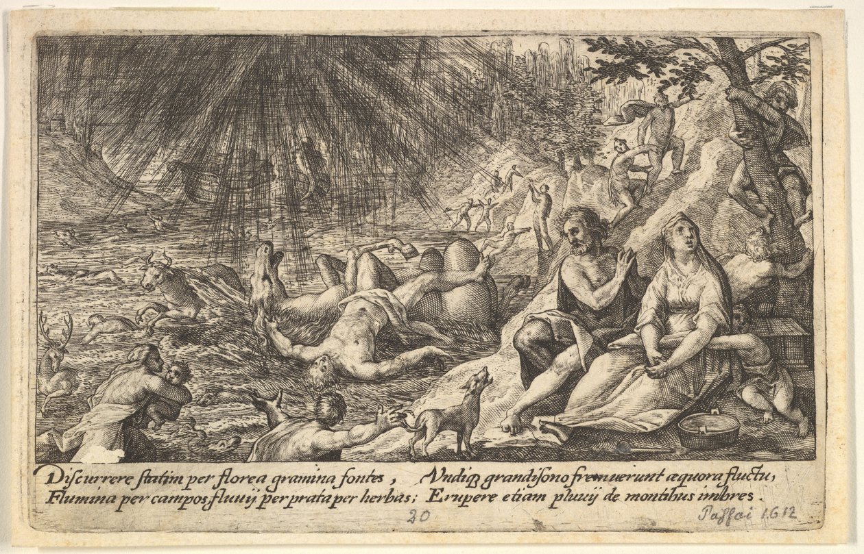 Början av översvämningen: män och kvinnor klättrar till högre mark till höger, vatten passerar..., 1612. av Crispijn de Passe I