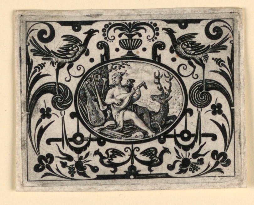 Sense of Sound, tallrik från Quinque sensum typi in usum aurifabroru exarati (Bilder av de fem sinnena graverade till förmån för guldsmeden) av Crispijn de Passe the Elder