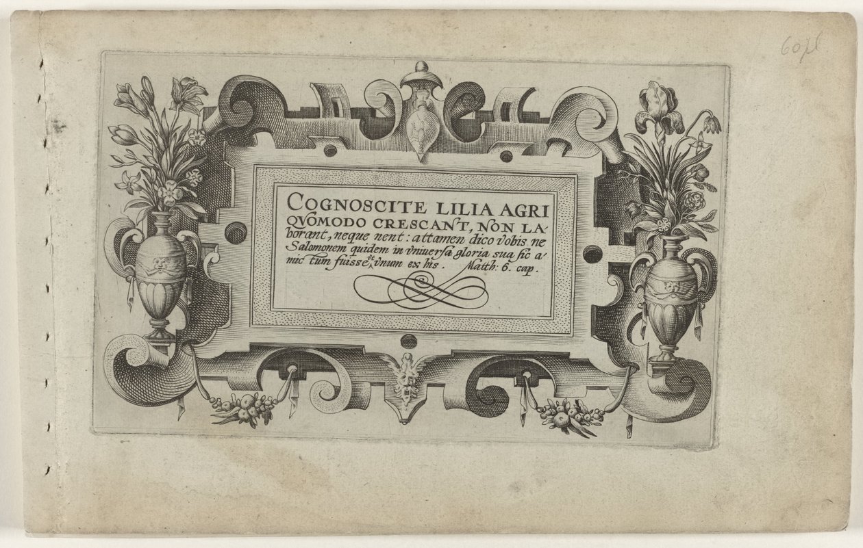 Titelsida och elva tryck av blommor, växter och frukt Kartusch med scrollwork-ram för serien: Cognoscite lilia Cognoscite lilia (serietitel på objekt) av Crispijn van de Passe (I) (attributed to)