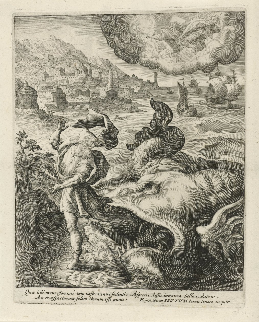 Fisken spottade Jona ute på landet History of Jonah (serietitel) av Crispijn van de Passe (I)