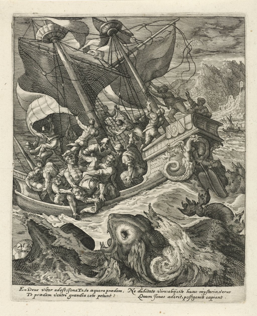 Jonah kastas överbord av sjömännen History of Jonah (serietitel) av Crispijn van de Passe (I)