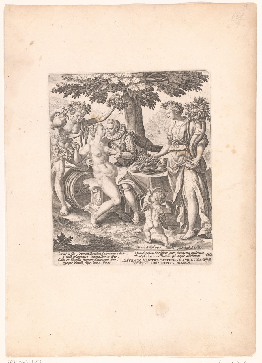 Man in gezelschap van Venus, Ceres och Bacchus Venus är kall utan Ceres och Bacchus av Crispijn van de Passe (I)