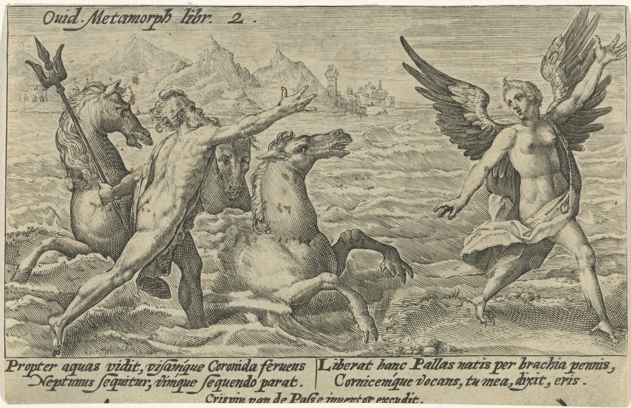 Neptunus sträcker sig efter Coronis Metamorphoses of Ovid (serietitel) av Crispijn van de Passe (I)