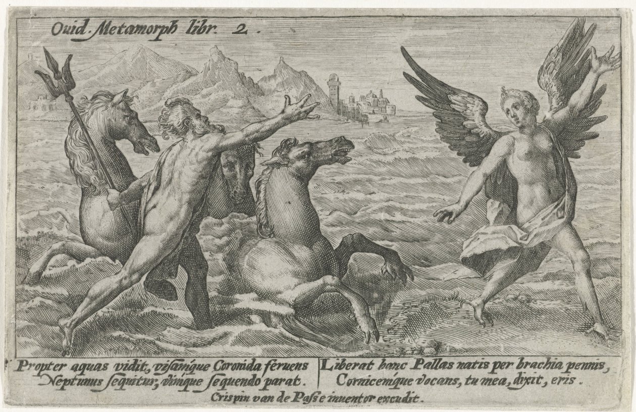 Neptunus sträcker sig efter Coronis Ovidius metamorfoser (serietitel) av Crispijn van de Passe (I)