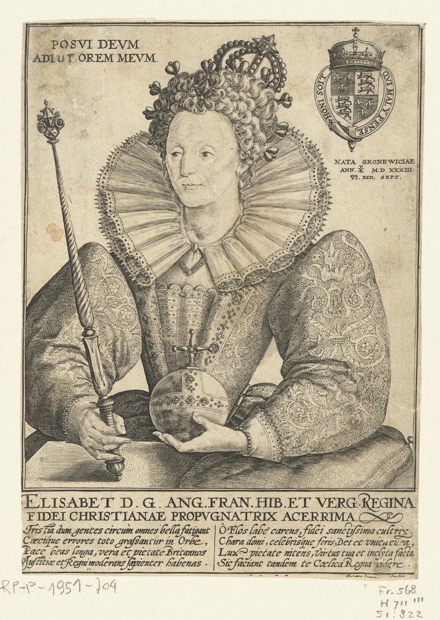 Porträtt av Elizabeth I Tudor, ten halfen lijve Posvi Devm Aiut Orem Mevm (titel på objekt) av Crispijn van de Passe (I)