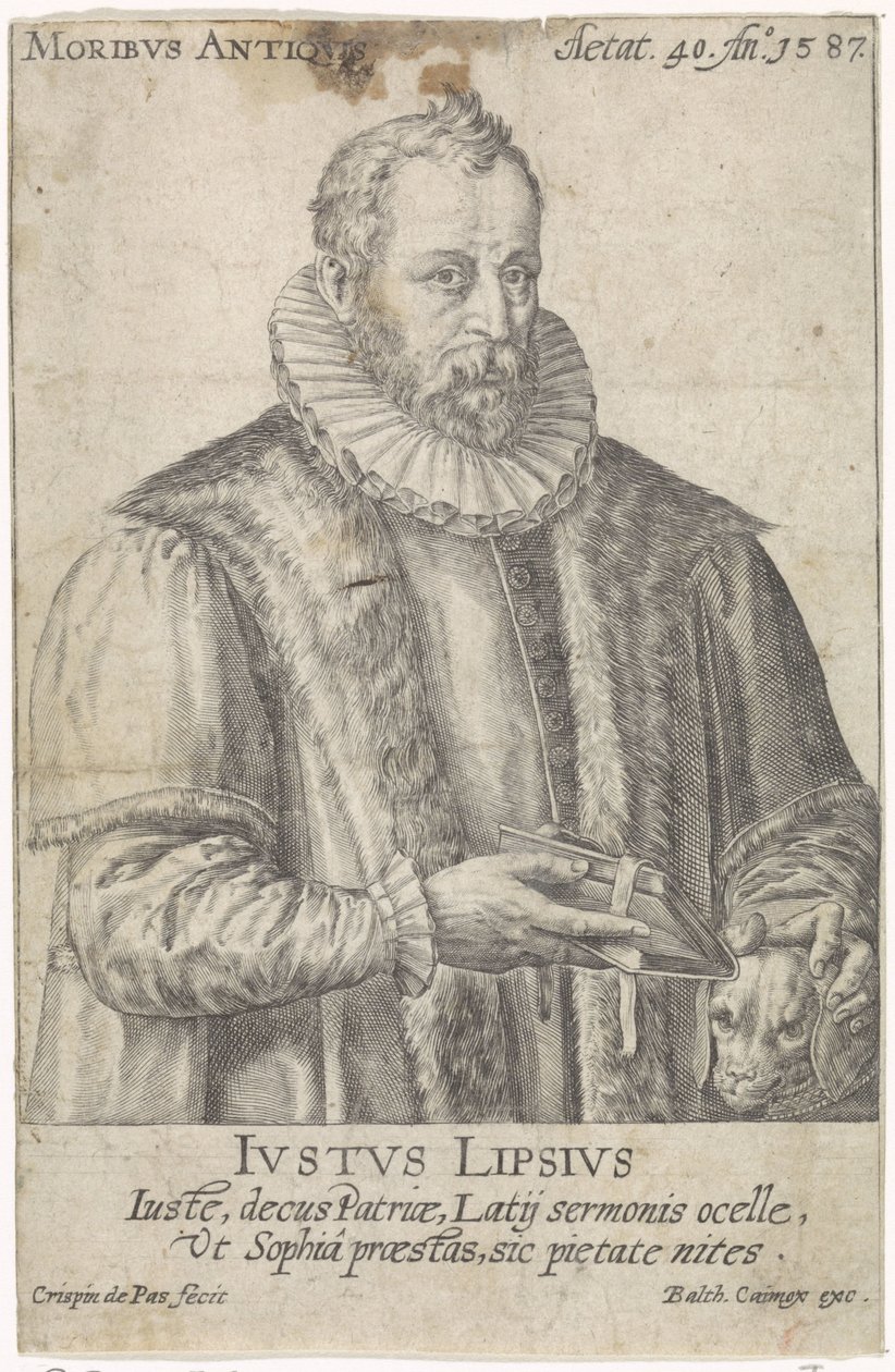 Porträtt av Justus Lipsius Moribvs Antiqvis (titel på objekt) av Crispijn van de Passe (I)