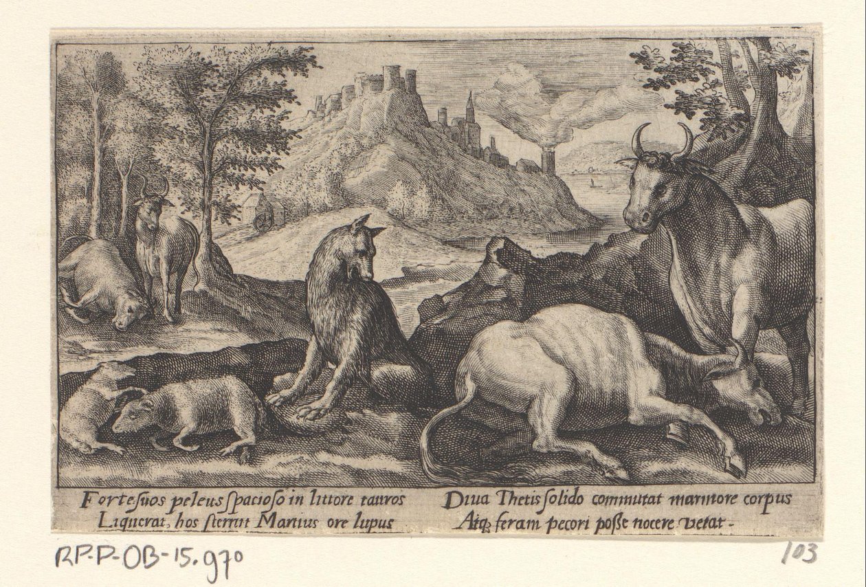 Psamathe förvandlar vargen till marmor Ovidius metamorfoser (serietitel) av Crispijn van de Passe (I)