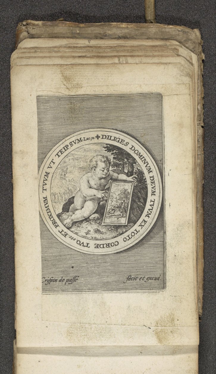 Putto med tablett Putti föreställer Guds ord (serietitel) Verbum Dei (serietitel) av Crispijn van de Passe (I)