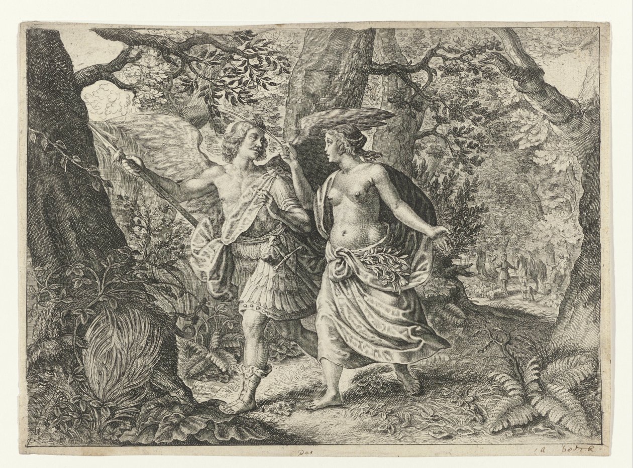 Circe förvandlar Picus till en hackspett Ovidius metamorfoser (serietitel) av Crispijn van de Passe (II) (after)