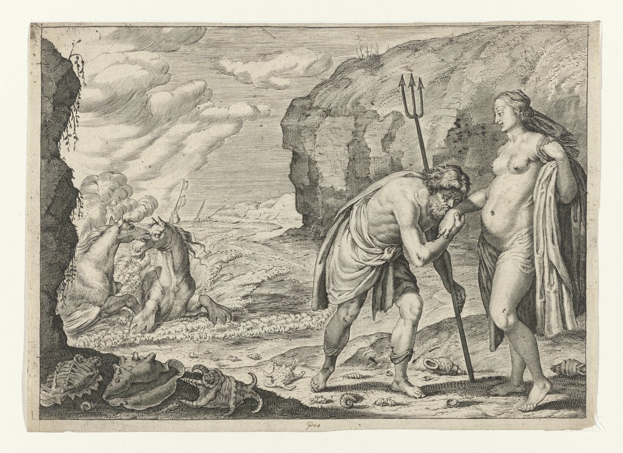 Neptunus i Caen Metamorfosen van Ovidius (serietitel) av Crispijn van de Passe (II) (attributed to)