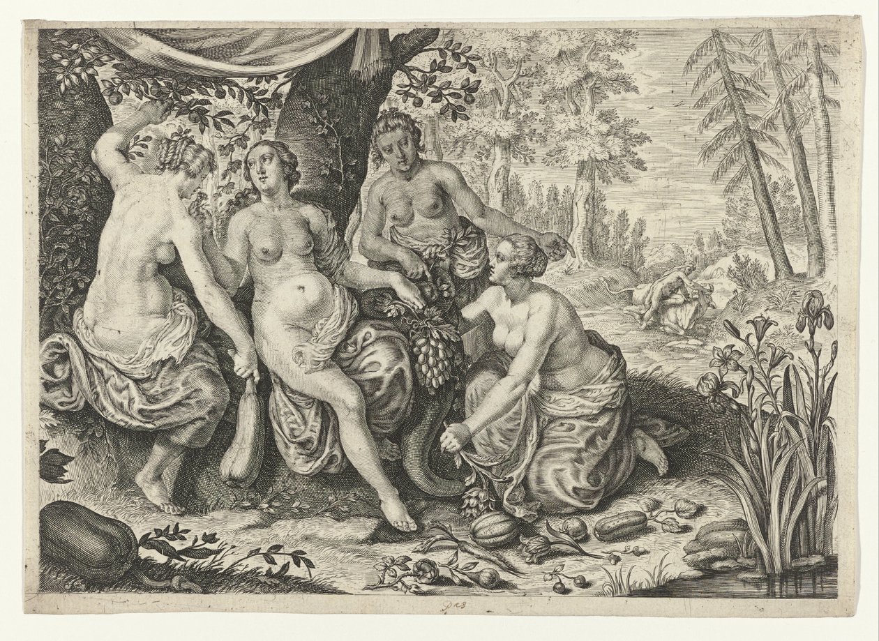 Nymfer fyller ymnighetshornet Metamorphoses of Ovid (serietitel) av Crispijn van de Passe (II) (attributed to)