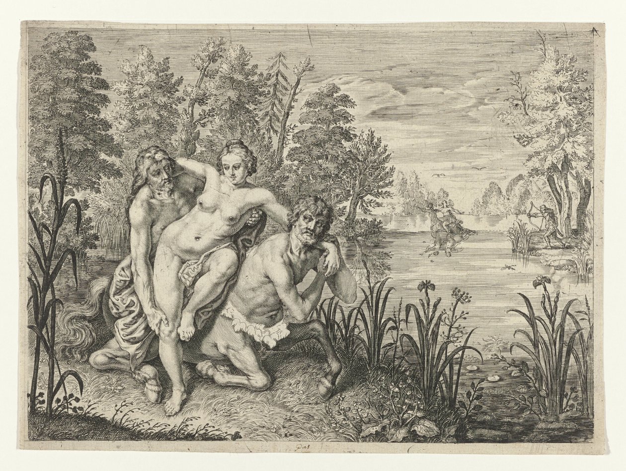 Nessus tar Deianira över floden Dianier of Nessus utspelar sig tvärs över strömmen (titel på objekt) Metamorphoses of Ovid (serietitel) av Crispijn van de Passe (II) (possibly)