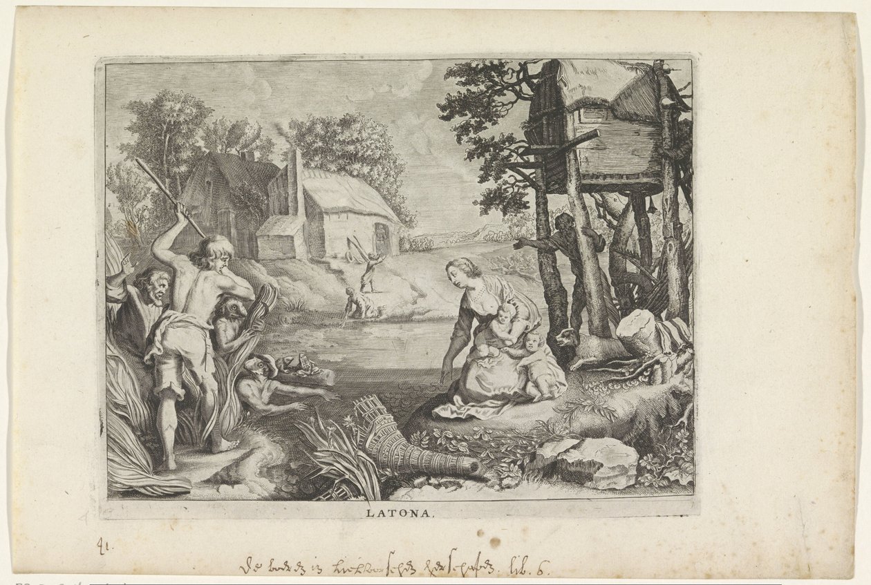 Leto (Latona) förvandlar lykierna till grodor Ovidius metamorfoser (serietitel) av Crispijn van de Passe (II)