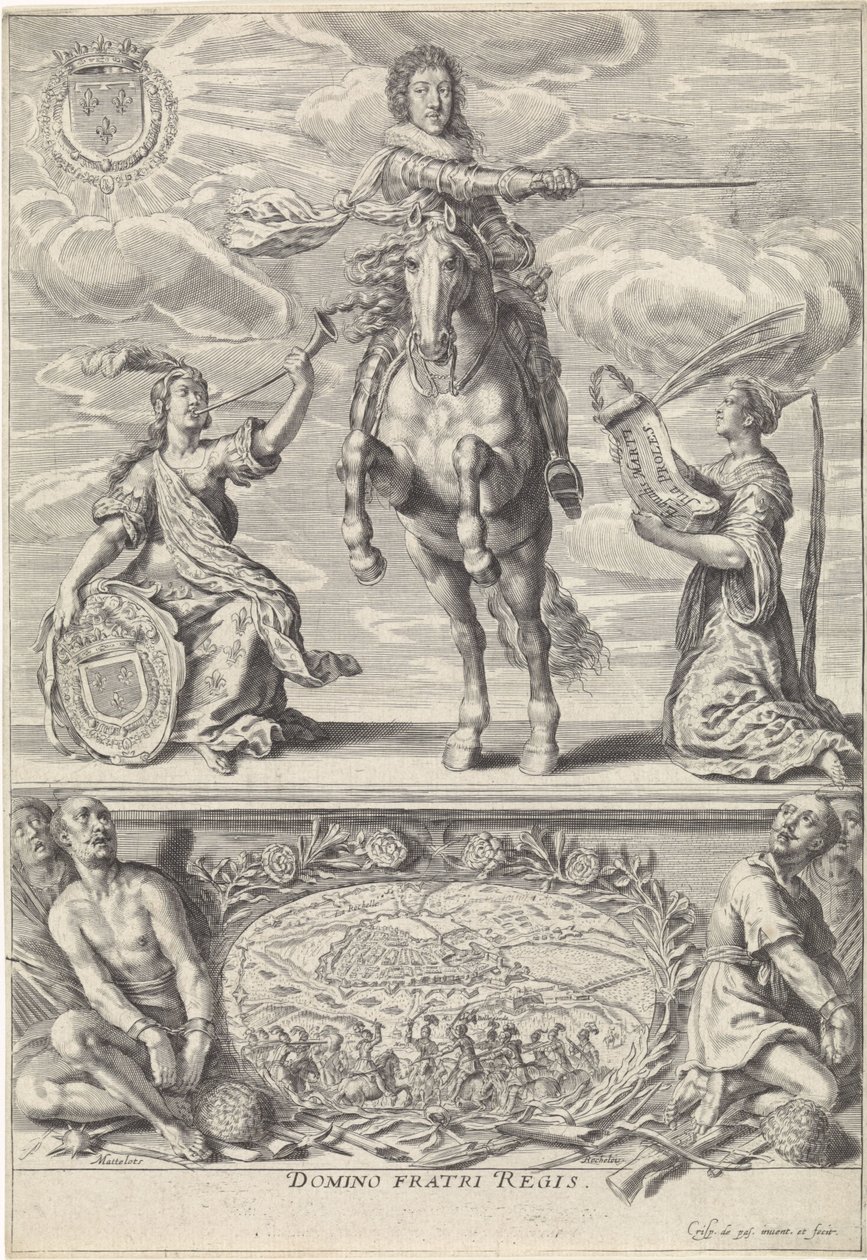 Porträtt av Gaston Jean-Baptiste av Orléans, till häst Domino Fratri Regis. (titel på objekt) av Crispijn van de Passe (II)