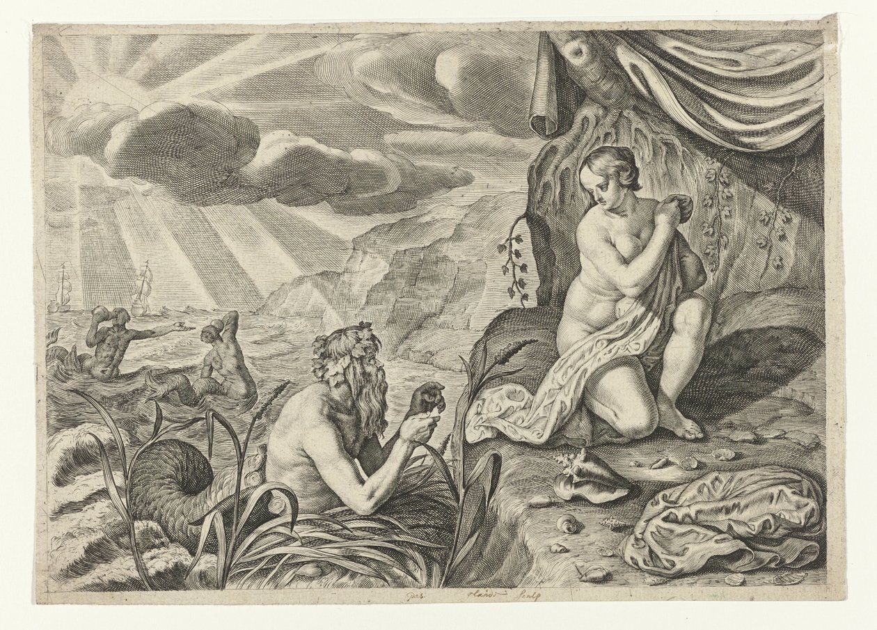 Scylla på flykt från Glaucus Glauci förälskad i Scylla (titel på objekt) Ovidius metamorfoser (serietitel) av Crispijn van de Passe (II)