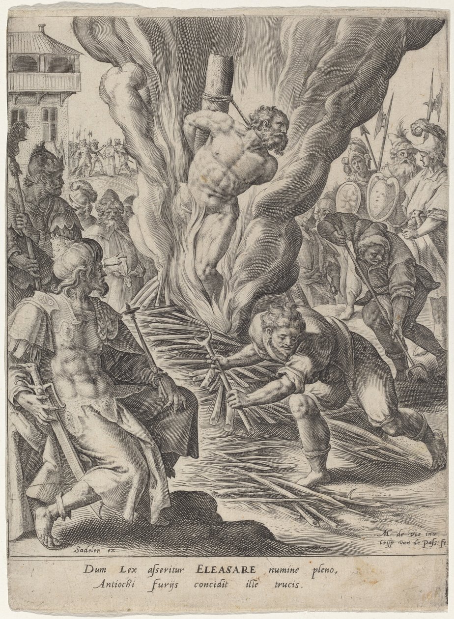 Eleasar brändes av Antiochus av Crispijn van de Passe I after Maarten de Vos
