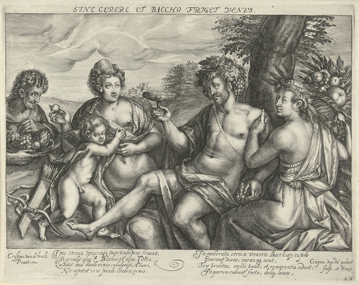 Bacchus, Venus och Ceres i ett landskap Venus fryser utan Ceres och Bacchus (titel på objekt) av Crispijn van den Queborn