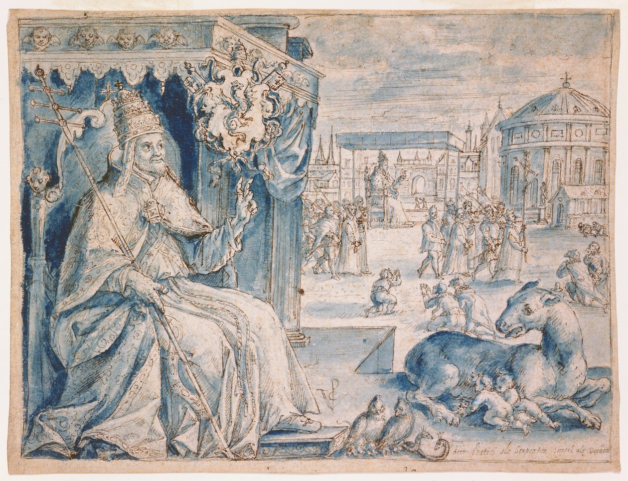 Påve Paul V (1552-1621) (penna och brunt bläck med blått tvätt på papper) av Crispin  Passe