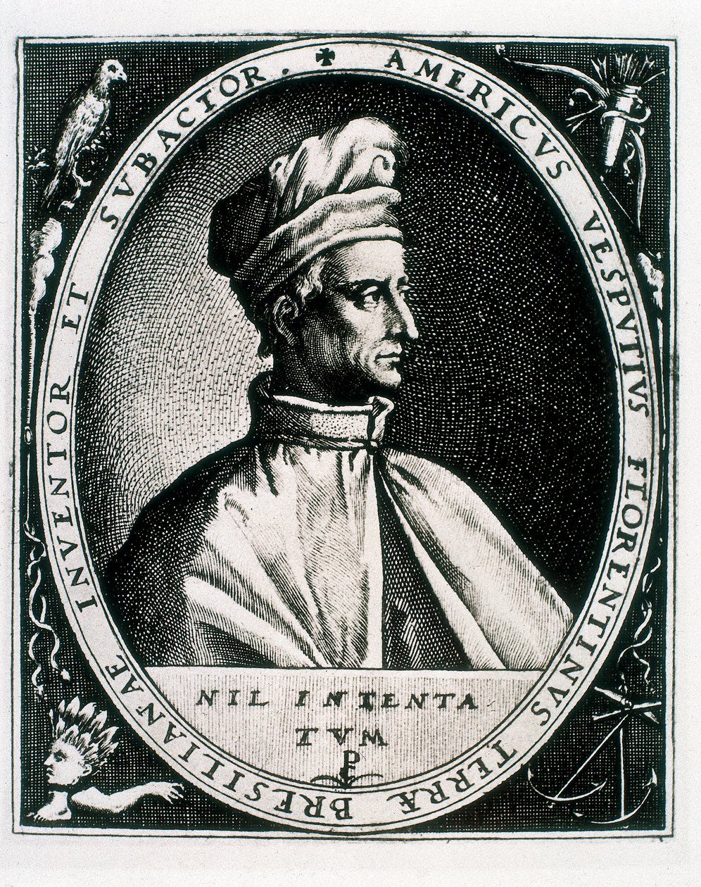 Porträtt av Amerigo Vespucci, inskriptionen "Americus Vesputius Florentinus Land of Bresilian Inventor Subactor" (gravyr) av Crispin I de (after) Passe