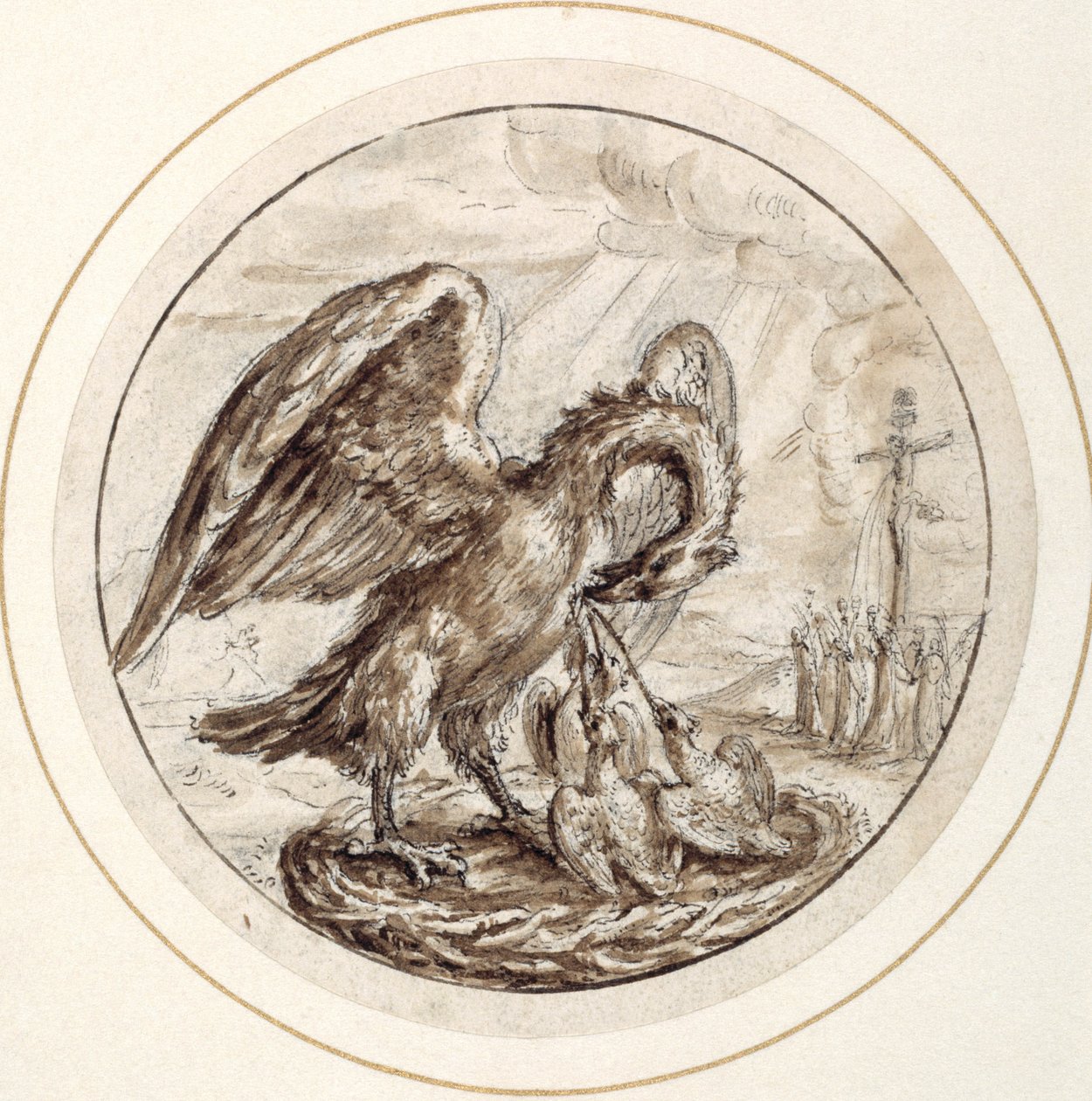 A Pelican in her Piety, tidigt 1600-tal (penna & brunt bläck med brun tvätt) av Crispin I de Passe