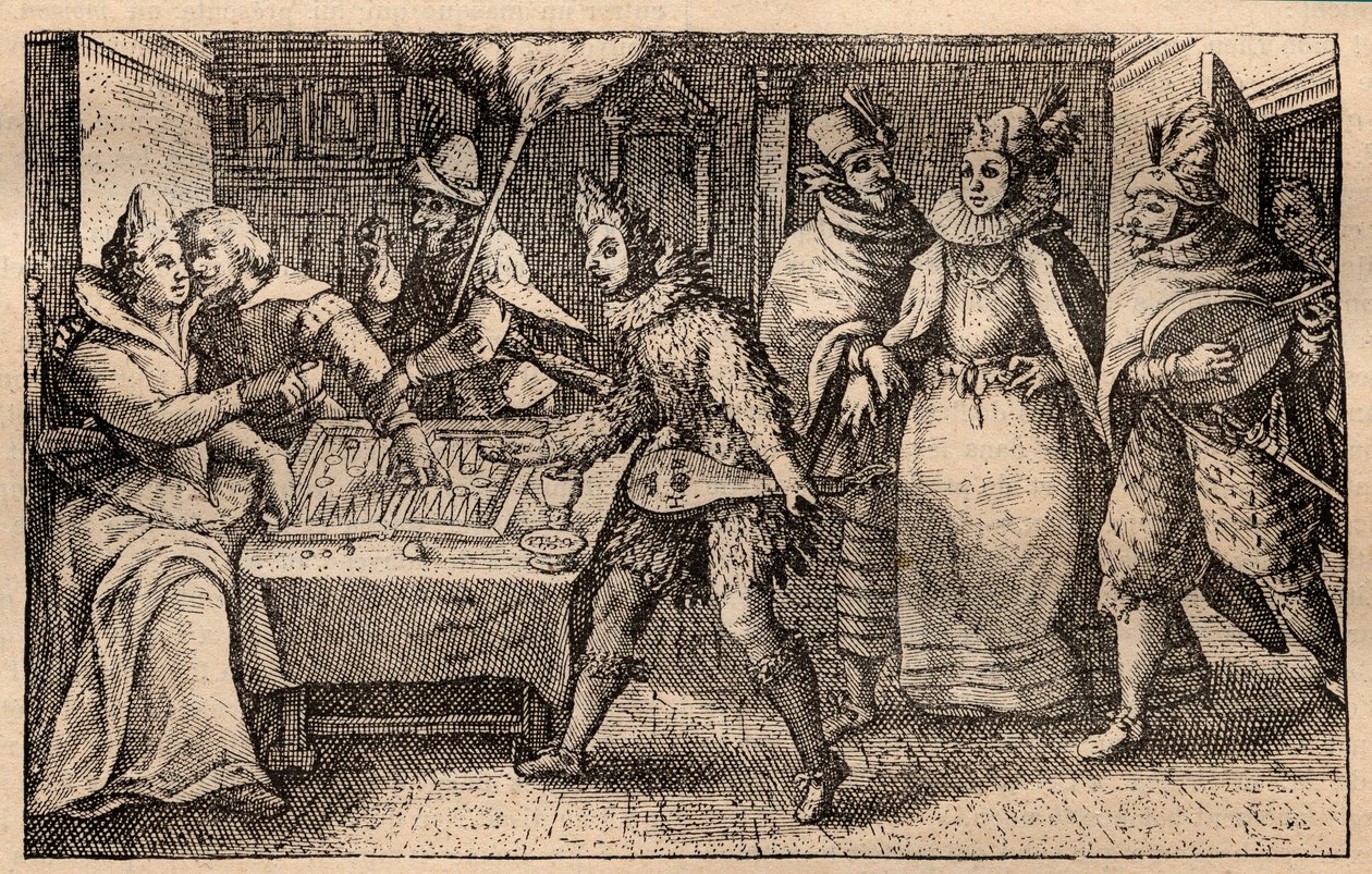En backgammonfest med promenerande spelare - holländsk kopparplåtgravyr; från en uppsättning tryck, Hortus Voluptatem, av Crispin de Passe (1550-1643) - Ett par som spelar backgammon överraskade av fem män masker gravyr av Crispin de Passe l