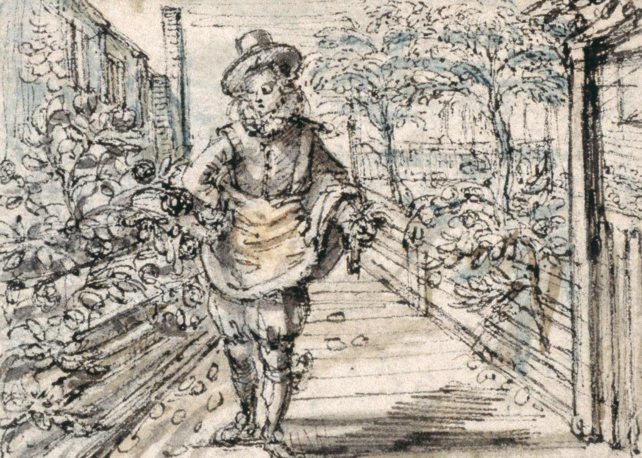 En moderiktigt klädd ungdom promenerar i en rosenträdgård i staden (penna & brunt bläck med brunt & grått tvätt på papper) av Crispin I de Passe
