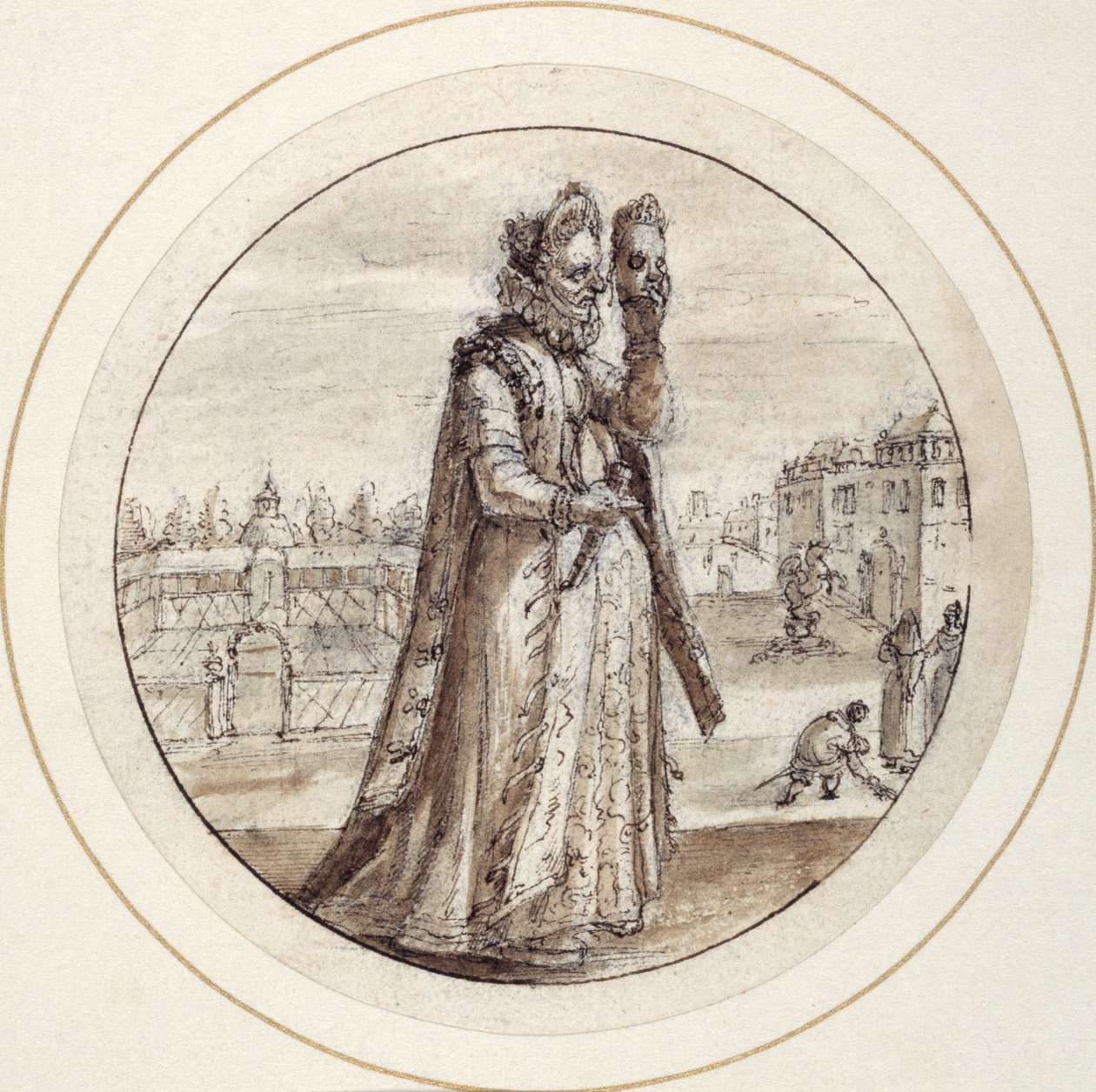 Helena med mask, tidigt 1600-tal (penna & brunt bläck med brun tvätt) av Crispin I de Passe