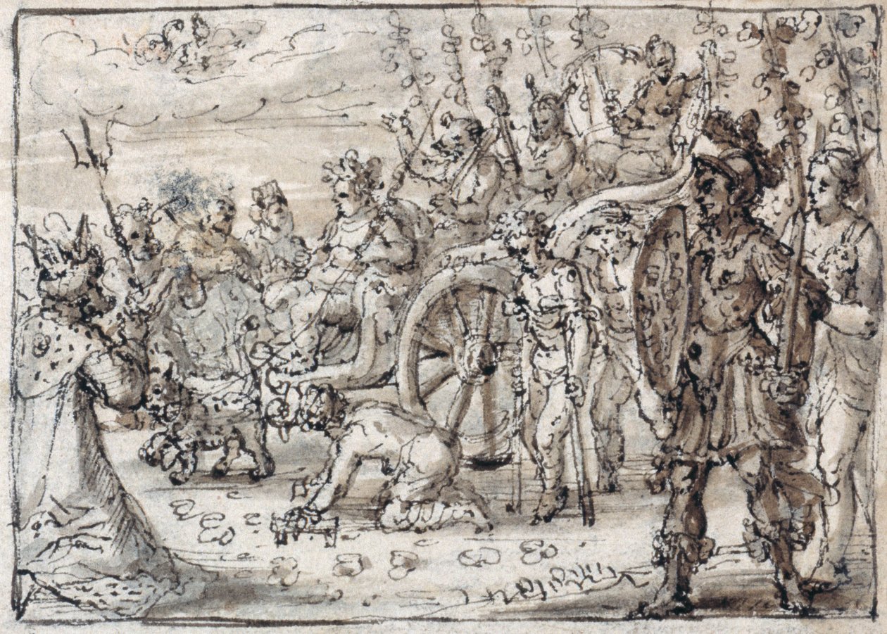 Den indiska Bacchus triumferande intåg i Thebe (penna & brunt bläck med brun tvätt på papper) av Crispin I de Passe