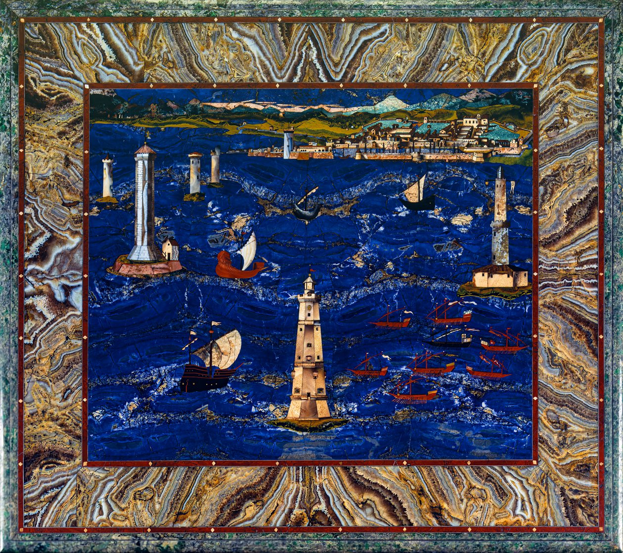 Bord med avbildning av Livornos hamn, ca 1601-04 (ädelstenar, trä, emalj) av Cristofano & Ligozzi Jacopo (1547 1626) Gaffurri
