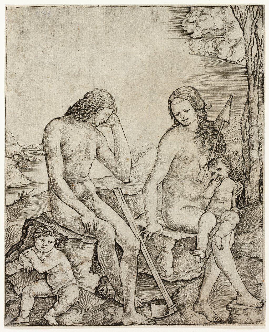 Adam och Eva med spädbarnen Kain och Abel av Cristofano Robetta