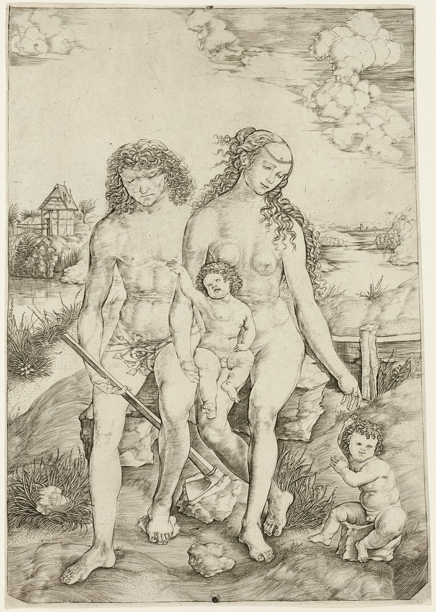 Adam och Eva med spädbarnen Kain och Abel av Cristofano Robetta
