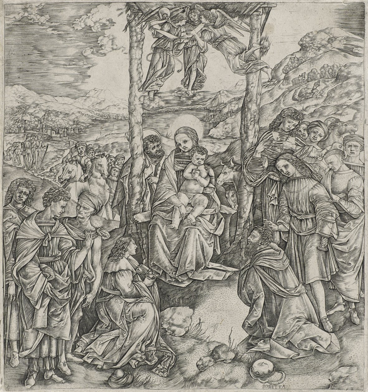 Adoration of the Magi (gravyr på papper) av Cristofano Robetta