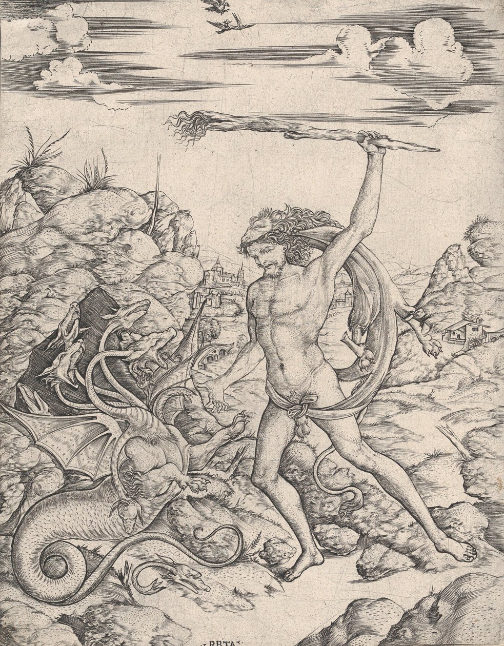 Hercules and the Hydra, med en fackla attackerar han den bevingade, flerhövdade Hydr..., ca. 1500-1520. av Cristofano di Michele Martini