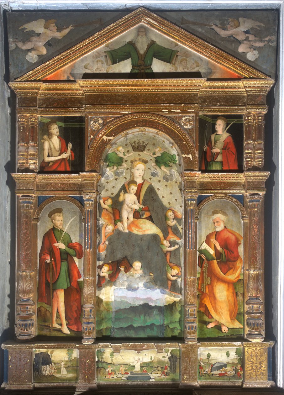 Krönt madonna med barn och änglar, Sankt Paulus, Sankt Petrus av Cristoforo (fl.1525 1578) & Pancalino Raffaele (fl.1514 1573) Pancalino