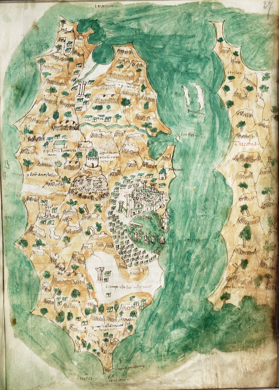 Karta över Khios och angränsande fastland, ca 1420 (Vellum) av Cristoforo Buondelmonti
