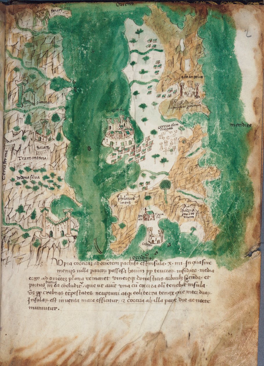 Karta över Korfu och angränsande fastland, ca 1420 (Vellum) av Cristoforo Buondelmonti