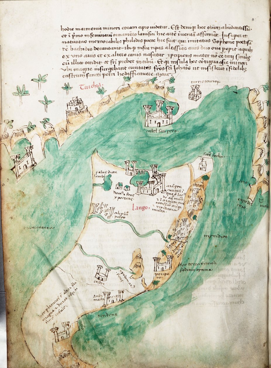 Karta över Kos och Bodrum, ca 1420 (pergament) av Cristoforo Buondelmonti