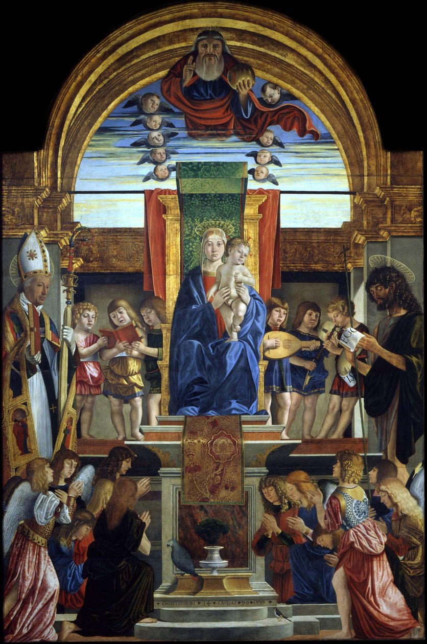 Jungfrun och barnet på tronen hos Gud Fadern och de heliga Hilarius och Johannes Döparen, 1499 av Cristoforo Caselli