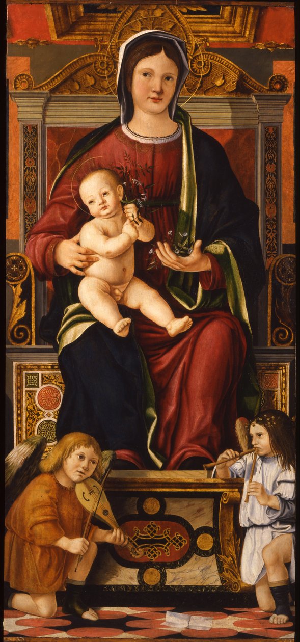 Jungfrun och barnet tronade med två musikeränglar, 1508-1510 av Cristoforo Caselli
