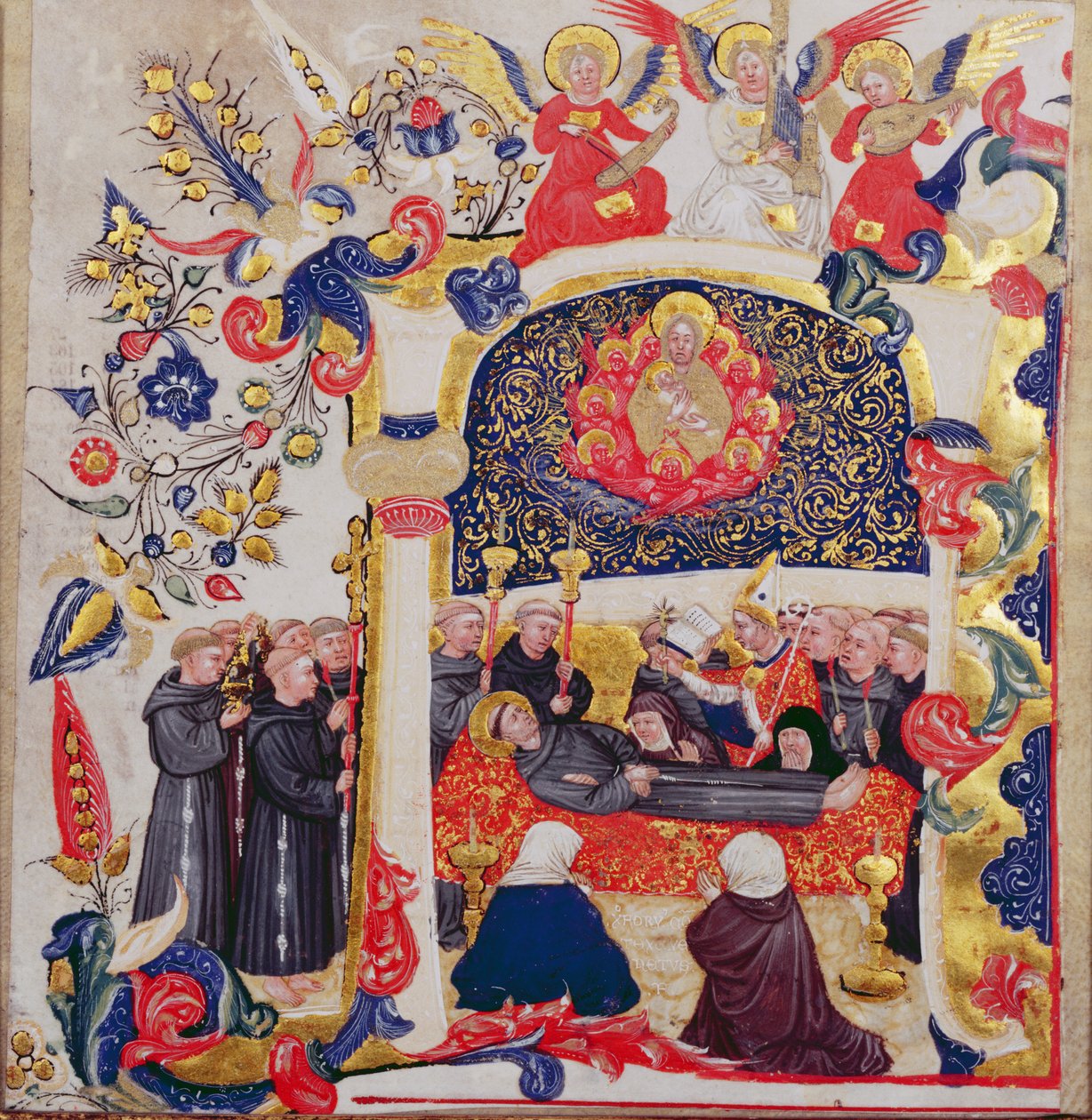 Invånad initial "A" som föreställer den helige Franciskus begravning, ca 1410. av Cristoforo Cortese