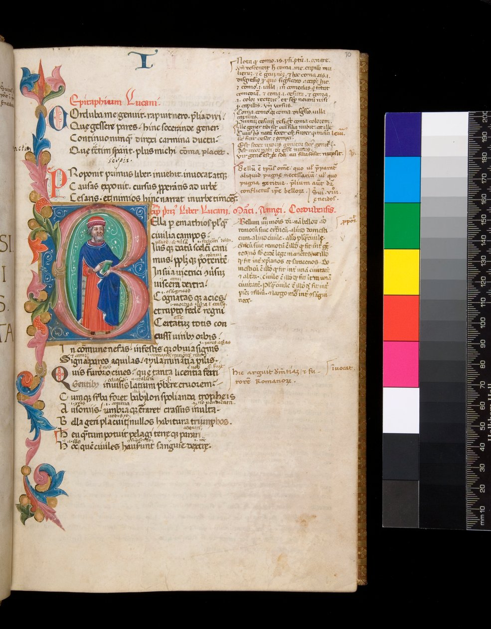 Ms 325. Lucan, Bellum Civile, och andra verk, f.10r. Upplyst initial [B], bebodd av ett författarporträtt i full längd, som sträcker sig in i en partiell bladkant, ca 1400-10 (pergament) av Cristoforo Cortese