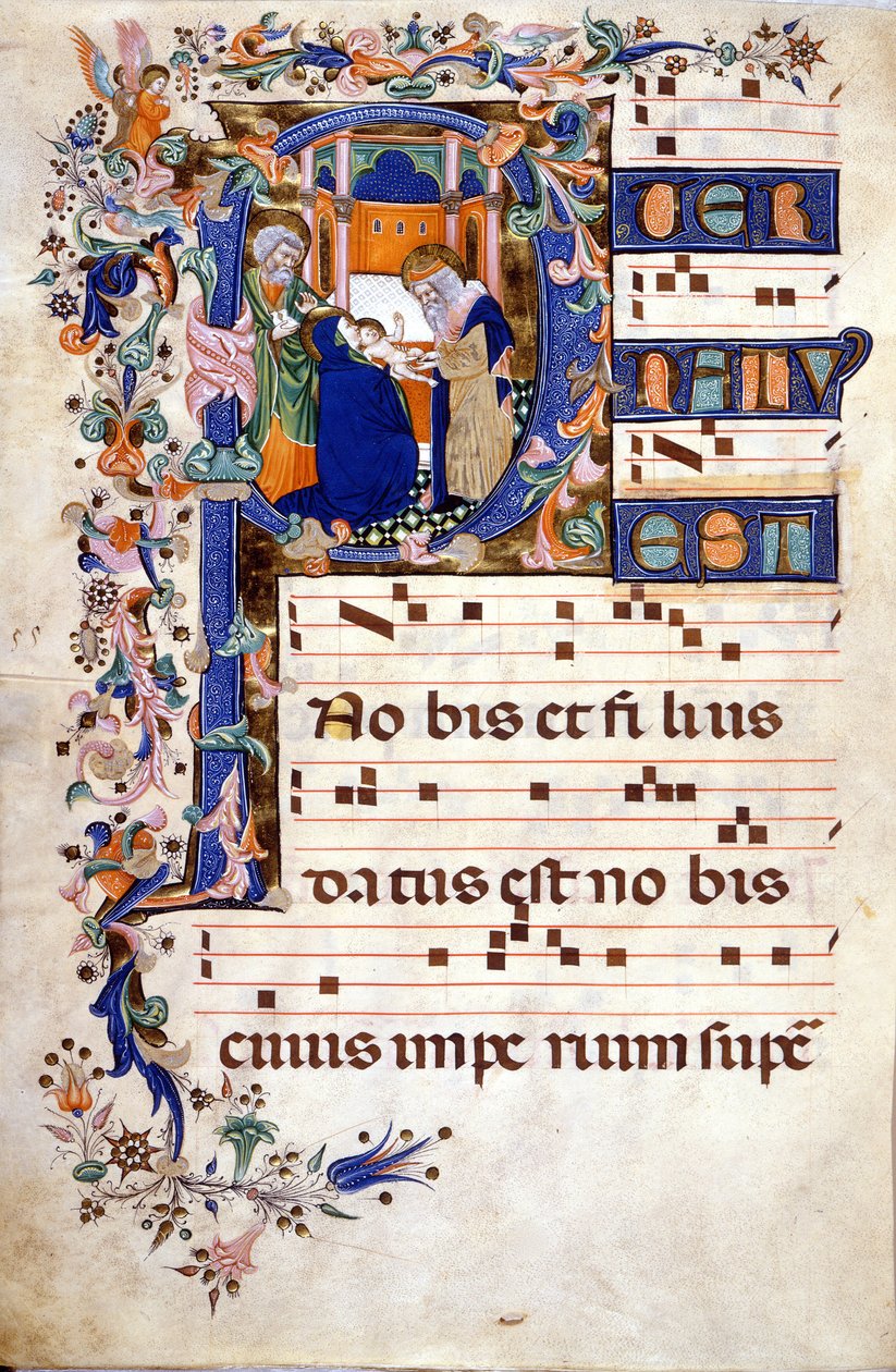 Kristi omskärelse i en bokstav P. Partition (Choral) från 1400-talet av Cristoforo Cortese (första hälften av 1400-talet). Biblioteca Brera, Milano av Cristoforo Cortese