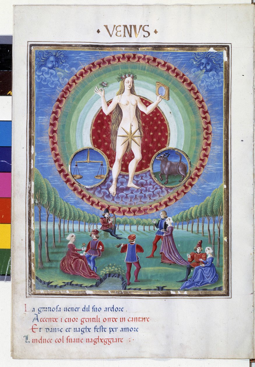 Kom med stjärntecknen balans och tjur. På nedervåningen, de galanta scenerna. Miniatyr gjord av Cristoforo de Predis (v. 1440-v. 1486) - i “” De Sphaera””” d