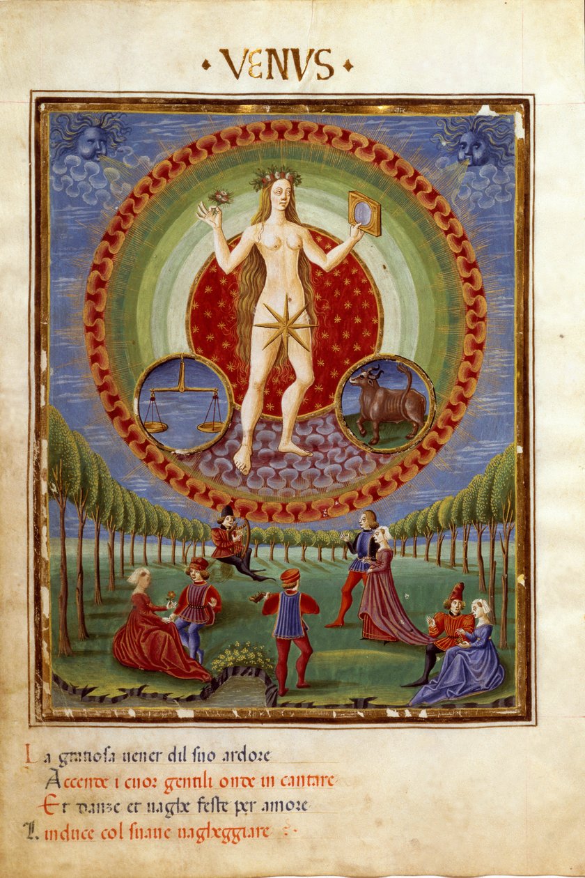Kom med stjärntecknen balans och tjur. De galanta scenerna (miniatyr, ca 1470) av Cristoforo De Predis