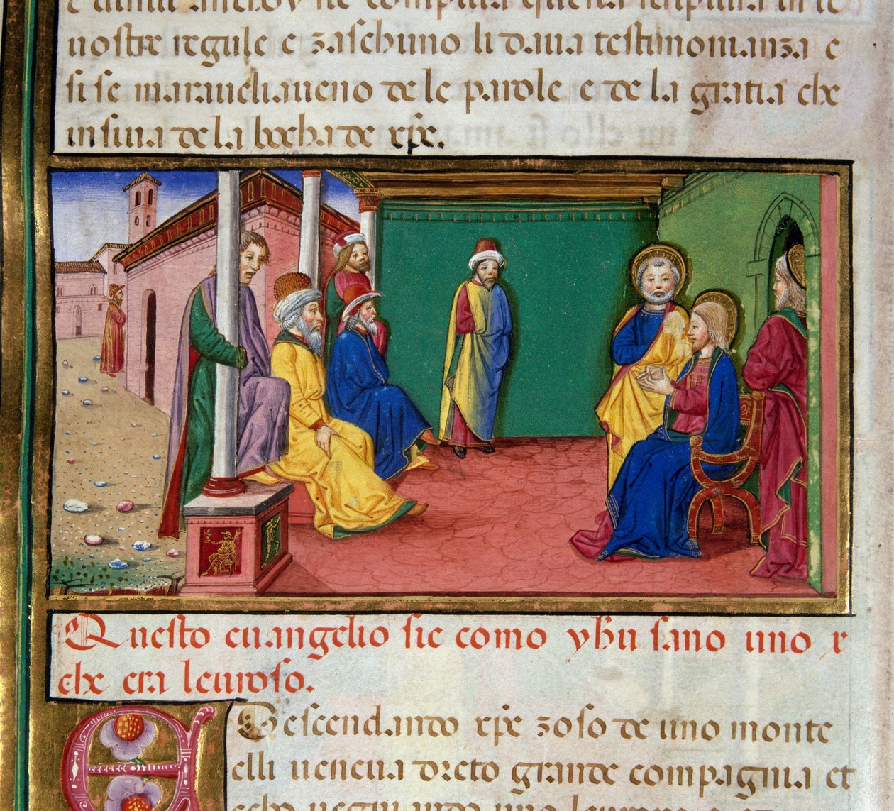 Jesus går till synagogan i Nasaret på en lördag och läser profeten Jesajas miniatyrbok av Cristoforo De Predis (1440-1486) efter Nya testamentets historia av Cristoforo De Predis