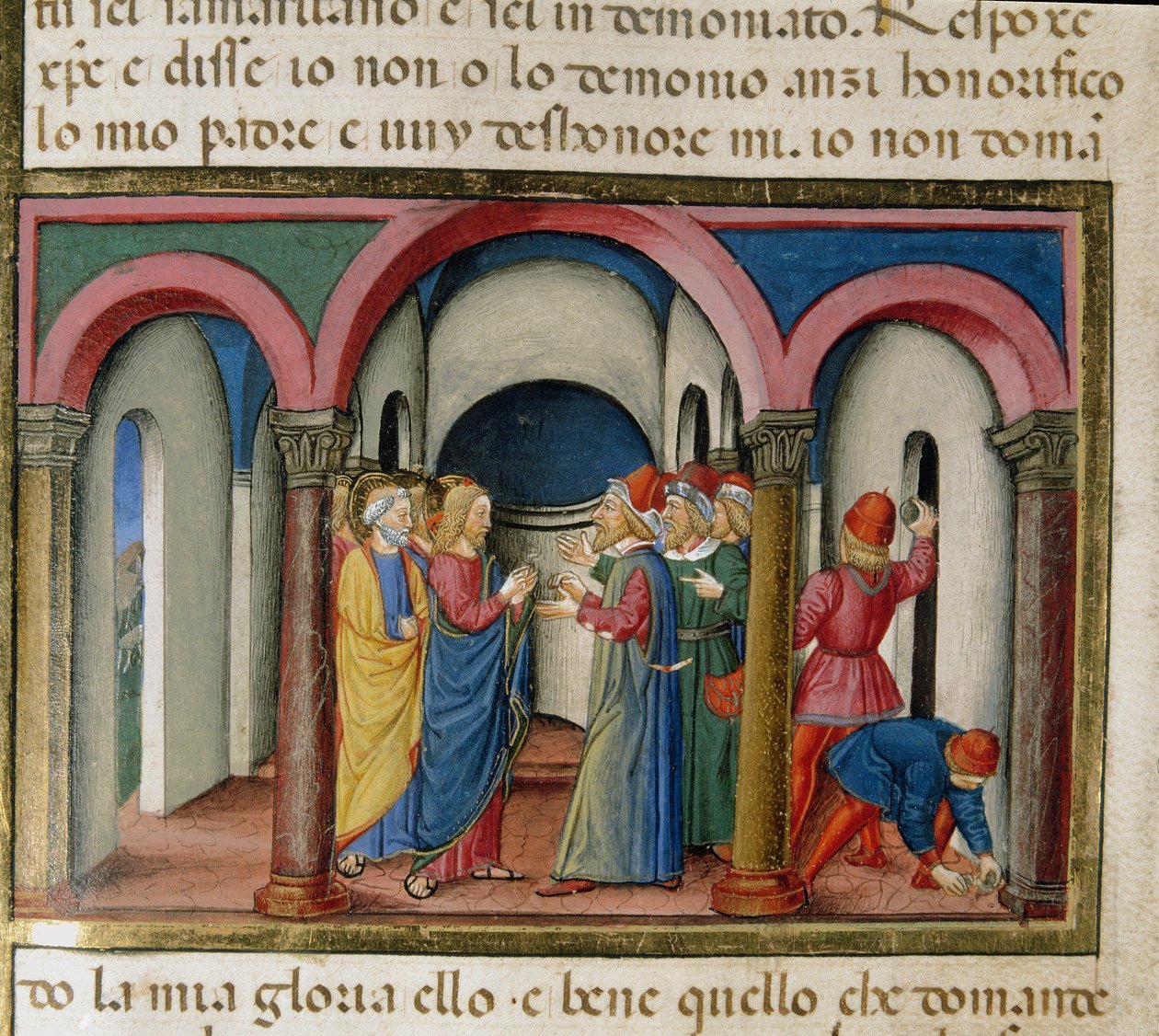 Jesus interpeades nära Salomos tempel av judar som bad honom att bevisa sin miniatyridentitet Cristoforo De Predis (1440-1486) efter Nya testamentets historia av Cristoforo De Predis